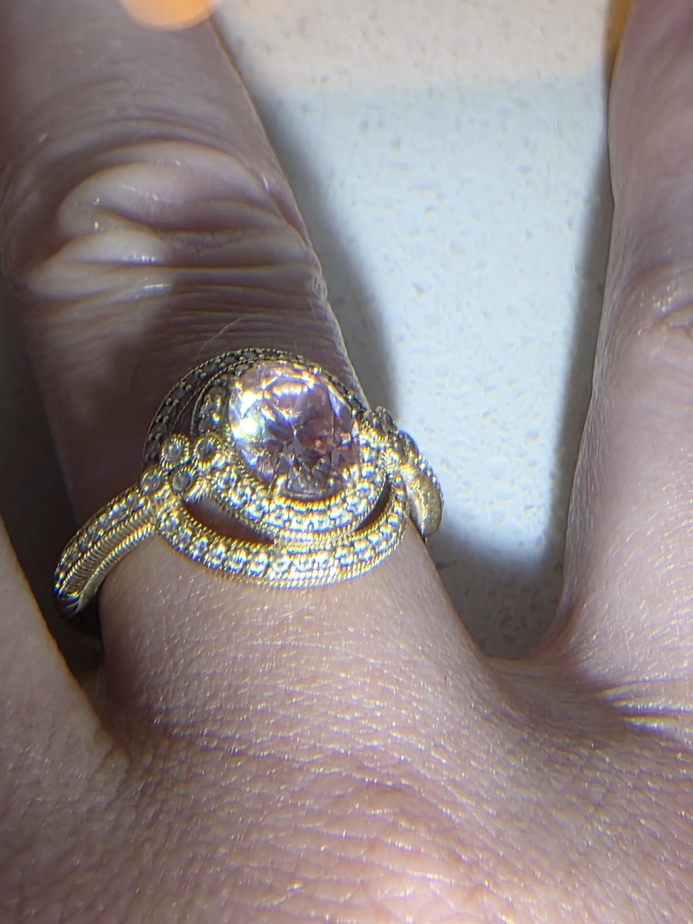 Judith Ripka Gold-Tone Ring with Pink Oval Center and Pavé Accents Size 9 - Picture 3 of 4